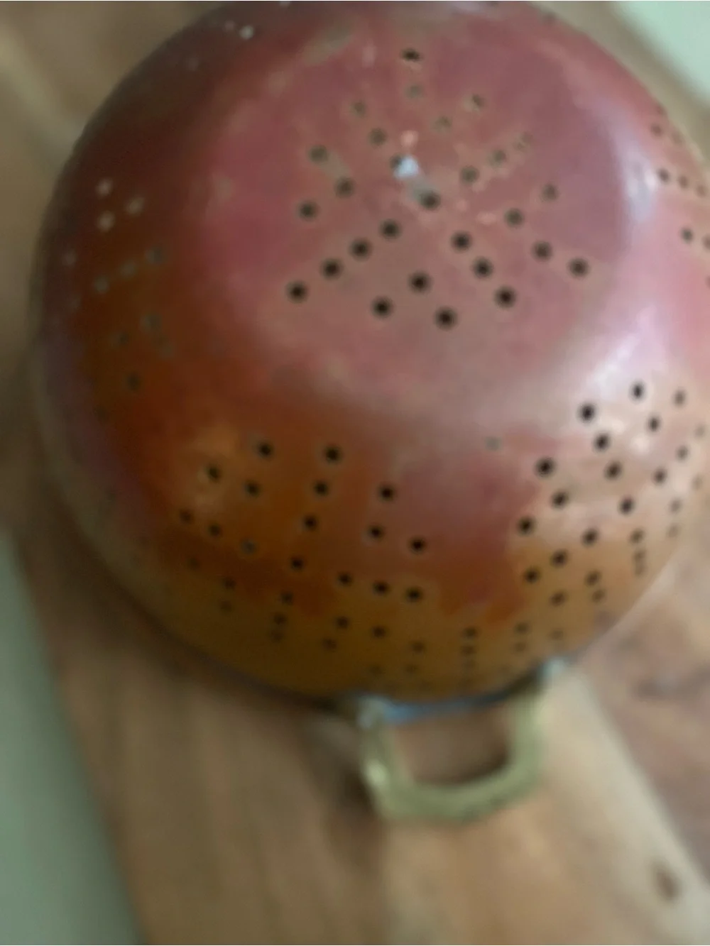 Vintage Copper-Tone Skimmer and Mixing Bowl Set with Wooden Handle